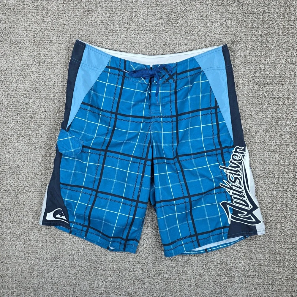Vintage Quiksilver Mens Blue Plaid Board Shorts Swim Trunks Size 34 Surf
